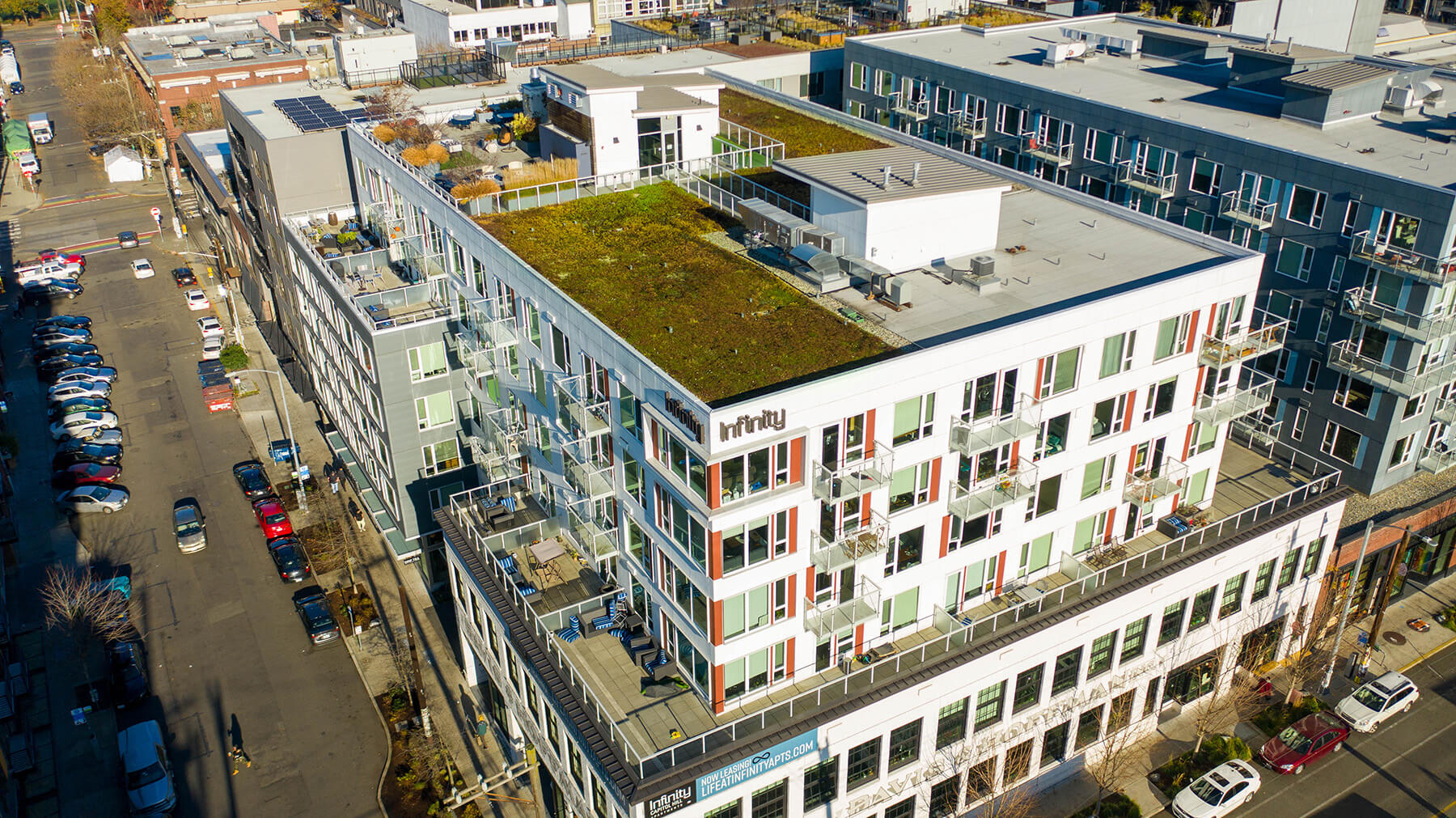 Aerial exterior view of Infinity Apartments in Seattle WA