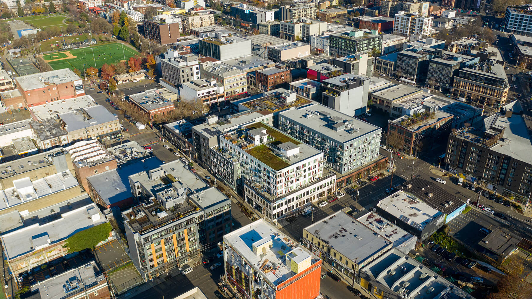 Aerial view of surrounding neighborhood at Infinity Apartments in Seattle WA