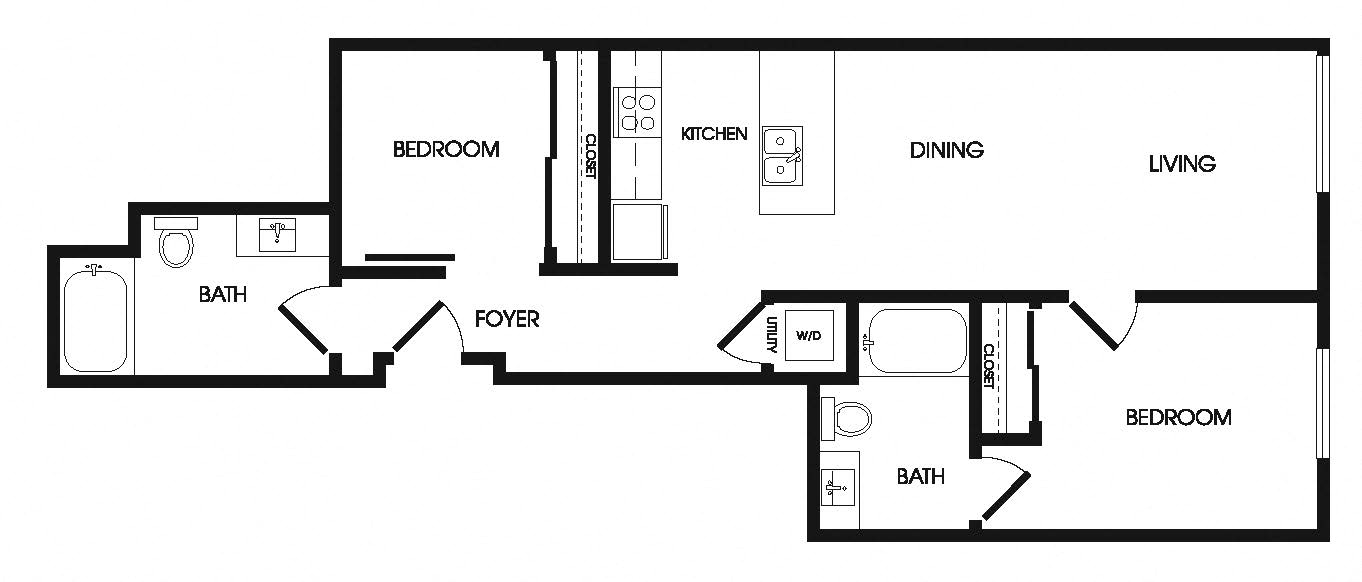 Two bedroom two bathroom floor plan at Infinity apartments in seattle wa