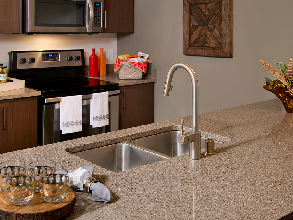 Large kitchen island at Infinity Apartments in Seattle WA