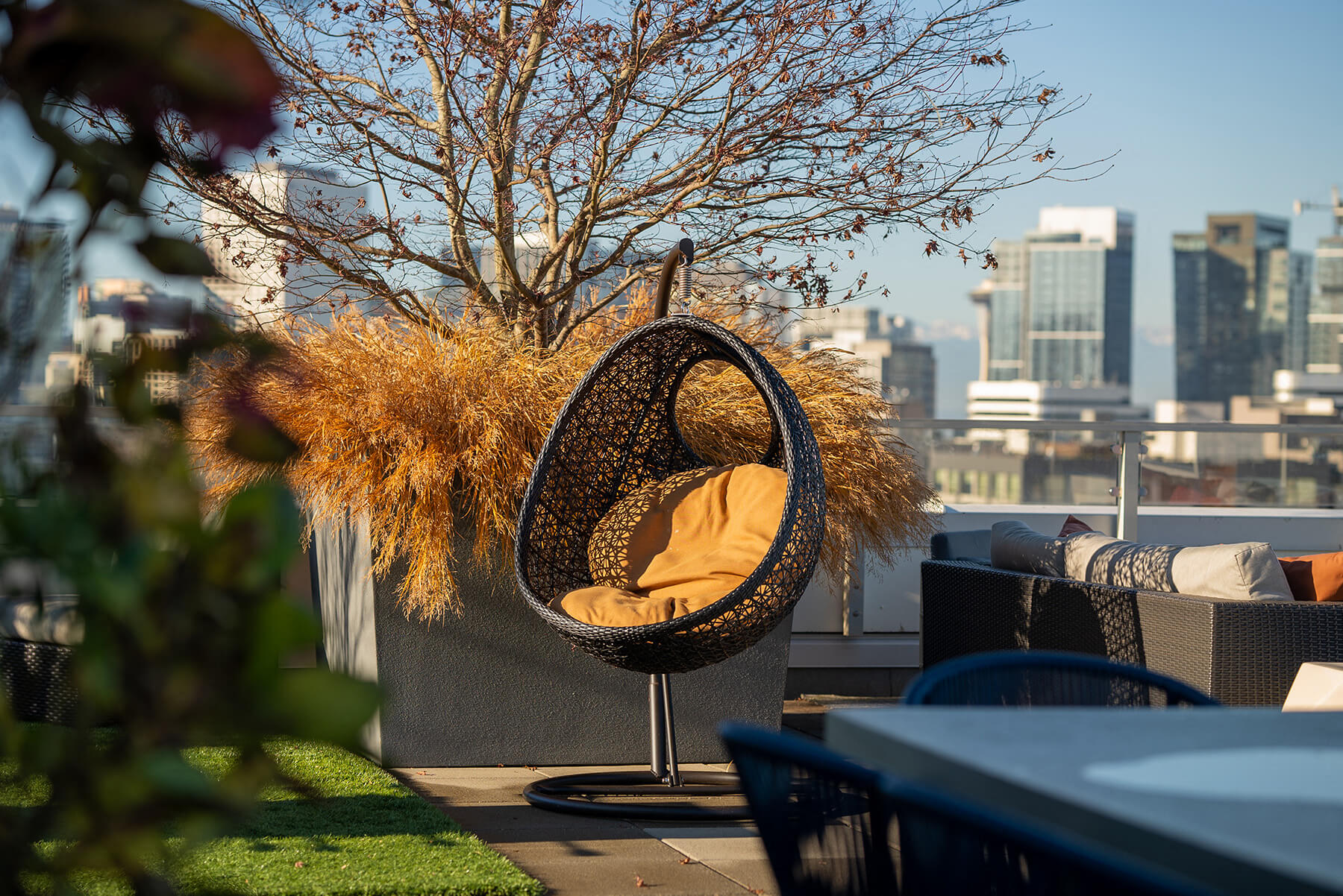 Rooftop teardrop lounge chair at Infinity Apartments in Seattle WA