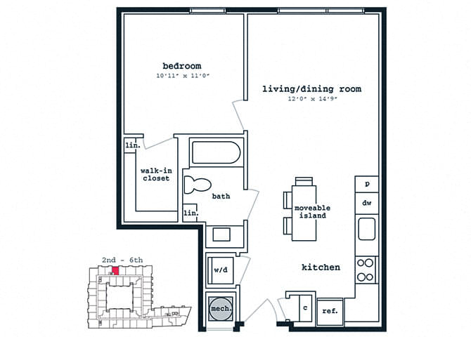 A02 floorplan at Fenwick Apartments in Silver Spring, MD
