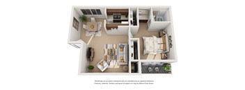 1 bed 1 bath floorplan 3D, at Patterson Place Apartments, Towbes, Santa Barbara, CA 93111