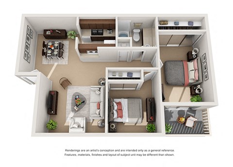 2 bed 1 bath 3D, at Patterson Place Apartments, Towbes, Santa Barbara