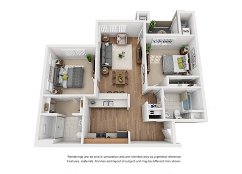 Plan 11 2 Bedroom 2 Bathroom 3D Floor Plan at Hancock Terrace Apartments, Santa Maria, CA, 93454