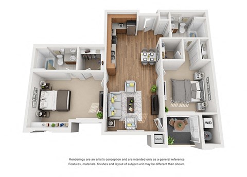 Plan 13 2 Bedroom 2 Bathroom 3D Floor Plan at Hancock Terrace Apartments, Santa Maria, 93454