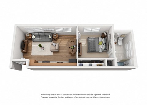 Plan 2 1 Bedroom 1 Bathroom 3D Floor Plan Layout at Hancock Terrace Apartments, California
