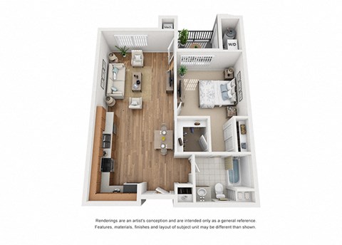 Plan 3 1 Bedroom 1 Bathroom 3D Floor Plan Layout at Hancock Terrace Apartments, California, 93454