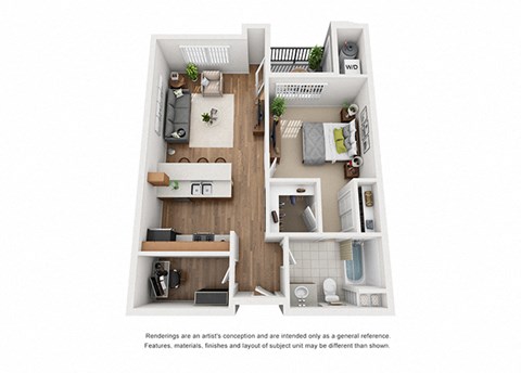 Plan 5 1 Bedroom 1 Bathroom 3D Floor Plan Layout at Hancock Terrace Apartments, Santa Maria, CA