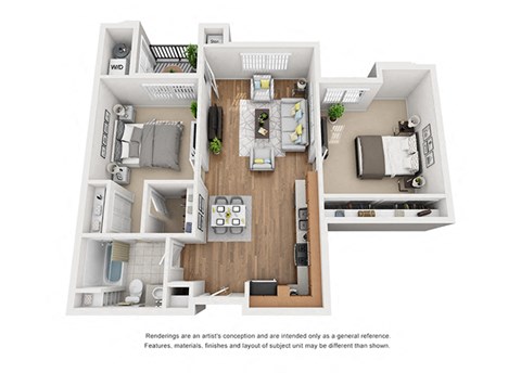 Plan 6 2 Bedroom 1 Bathroom 3D Floor Plan Layout at Hancock Terrace Apartments, Santa Maria, 93454