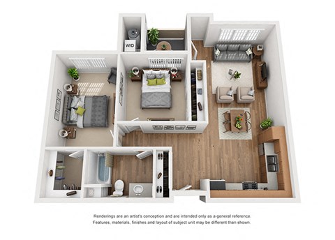 Plan 9 2 Bedroom 1 Bathroom 3D Floor Plan at Hancock Terrace Apartments, California