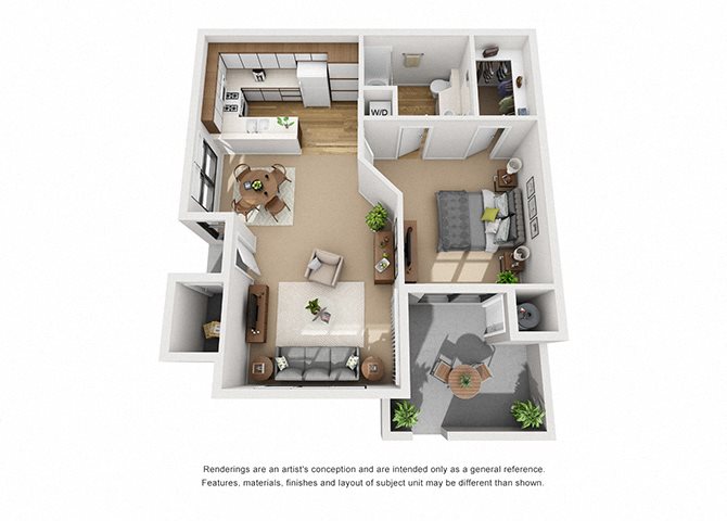 Alder 1 Bedroom 1 Bathroom 3D Floor Plan Layout Alder 1 Bedroom 1 Bathroom 3D Floor Plan Layout at Cypress Point, Ventura, CA