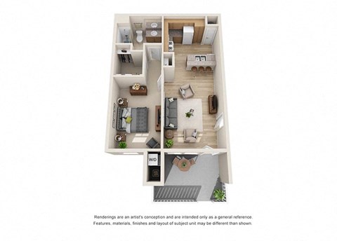 1 bed 1 bath  Floorplan A 3D, at Ralston Courtyard Apartments, California