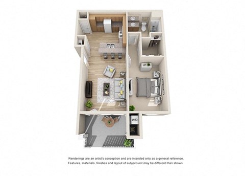 1 bed 1 bath Floorplan B 3D, at Ralston Courtyard Apartments, California, 93003