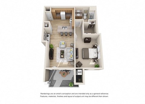 1 bed 1 bath  Floorplan C 3D, at Ralston Courtyard Apartments, Ventura, CA 93003