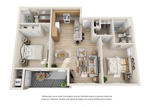 2 bed 2 bath Floorplan D 3D, at Ralston Courtyard Apartments, Ventura, CA
