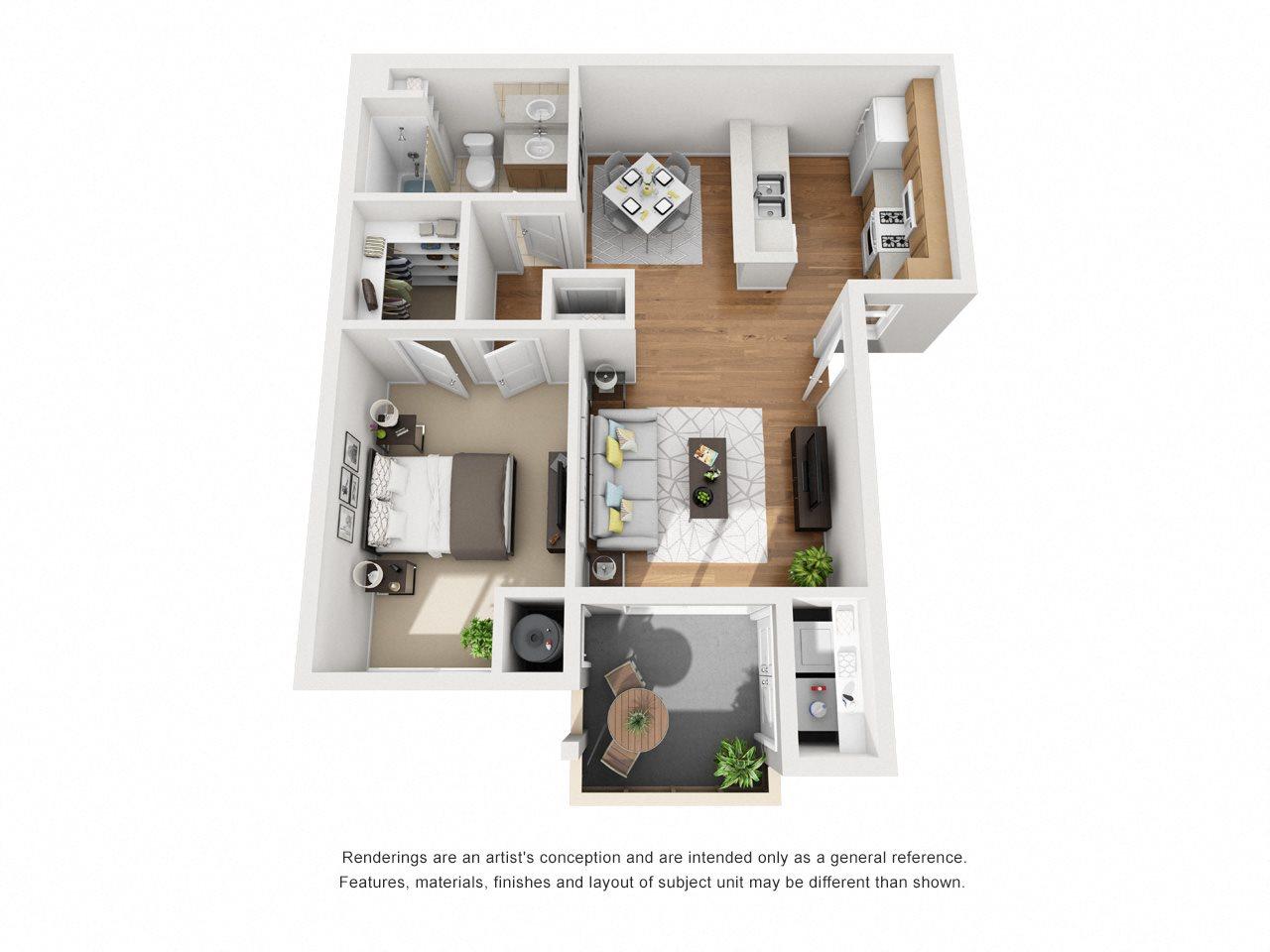 One Bed One Bath 3D Floor Plan One Bed One Bath 3D Floor Plan at Siena Apartments, Santa Maria, CA, 93458