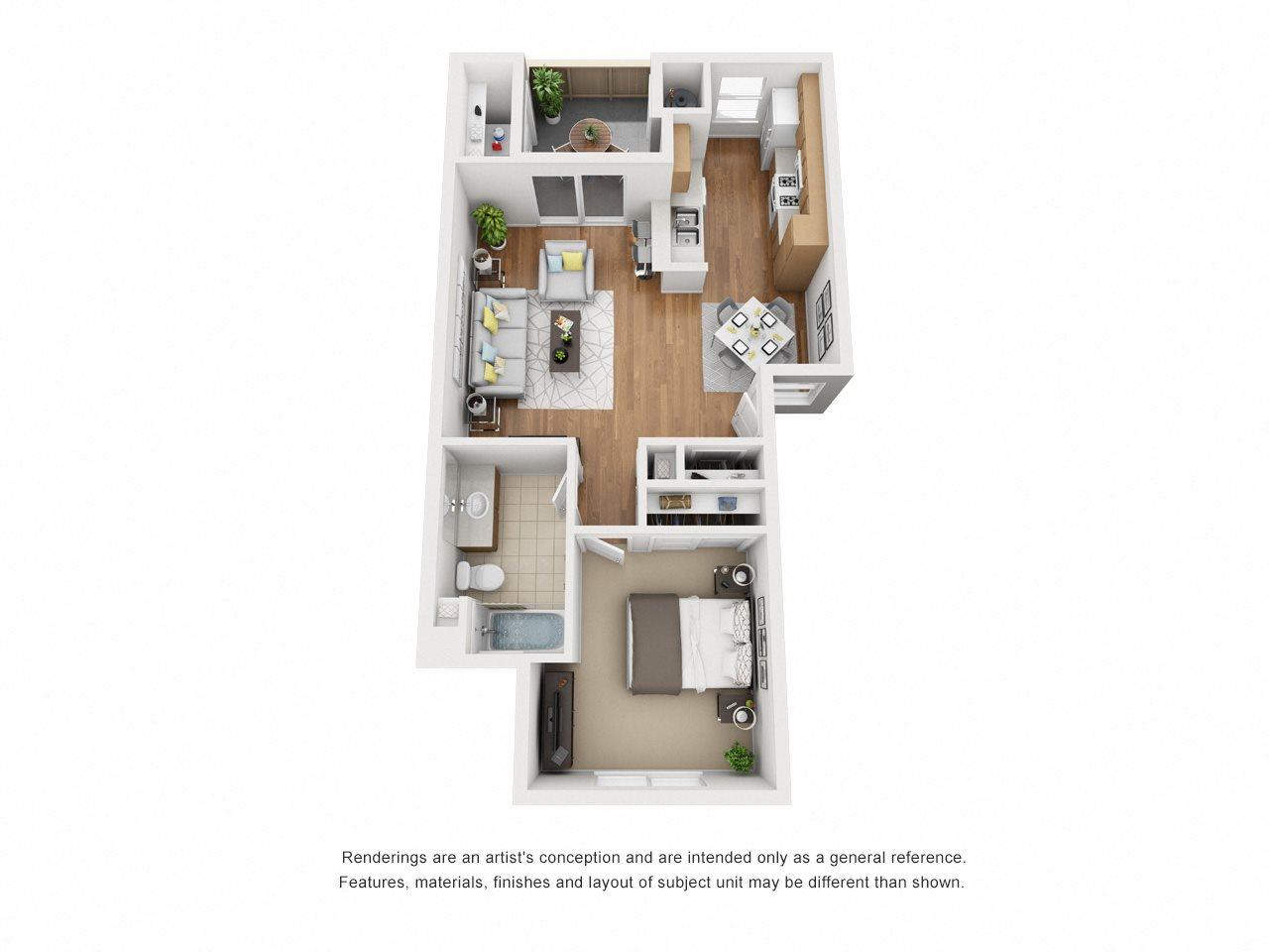 One Bed One Bath 678 3D Floor Plan One Bed One Bath 678 3D Floor Plan at Siena Apartments, Santa Maria, CA