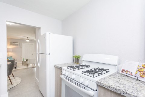 a white kitchen with a stove and a refrigerator