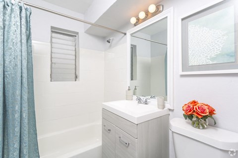 a white bathroom with a sink and a mirror