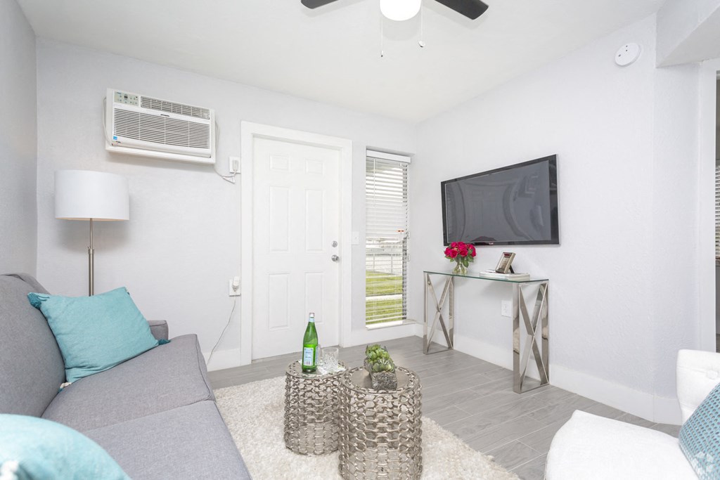 a living room with a couch and a tv