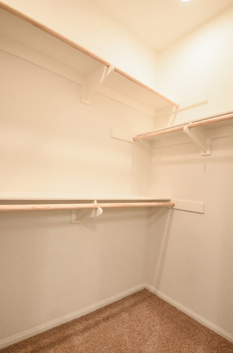 a walk in closet with empty shelves