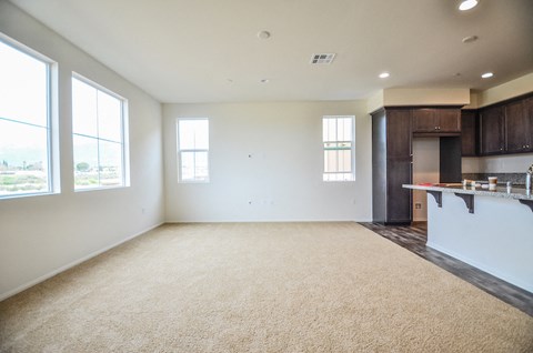 a living room with a kitchen and a carpeted floor