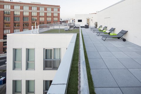 a row of lounge chairs on the roof of a building