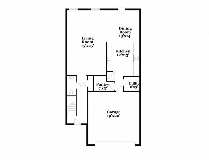 a floor plan of a house with a small kitchen and a living room
