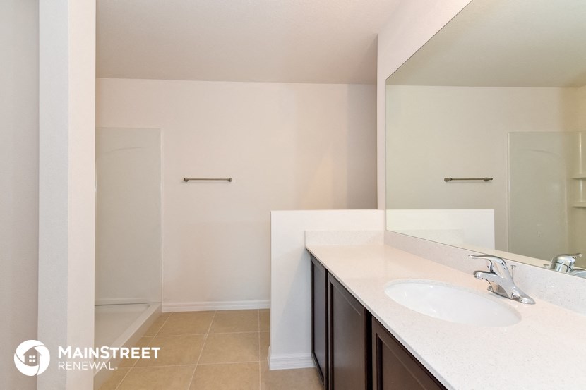 a bathroom with a sink and a mirror and a shower