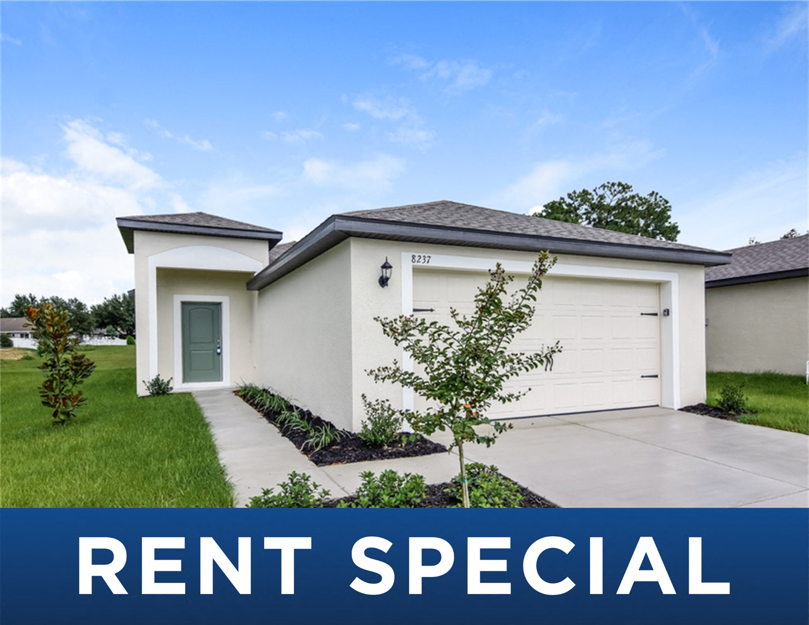 a white house with the wordsrent special on it