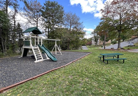 a playground with a slide and a picnic table