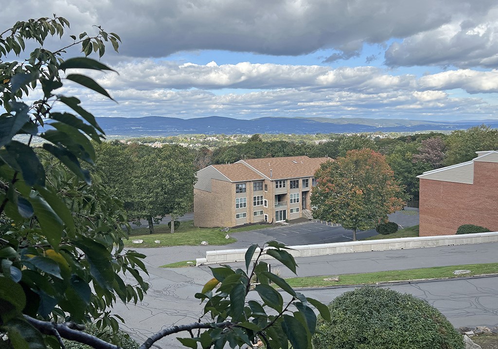 a view of a building from the top of a hill