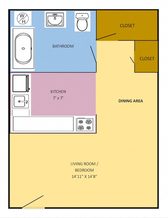 Studio apartment floor plan with kitchen, bathroom, and two closets