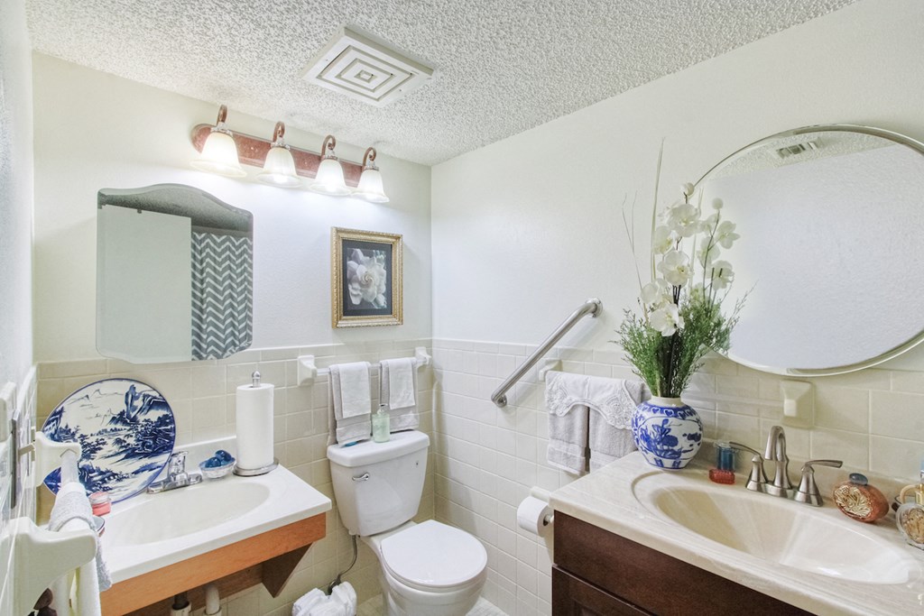 bathroom with grab bars, toilet, two sink vanities, and ample lighting