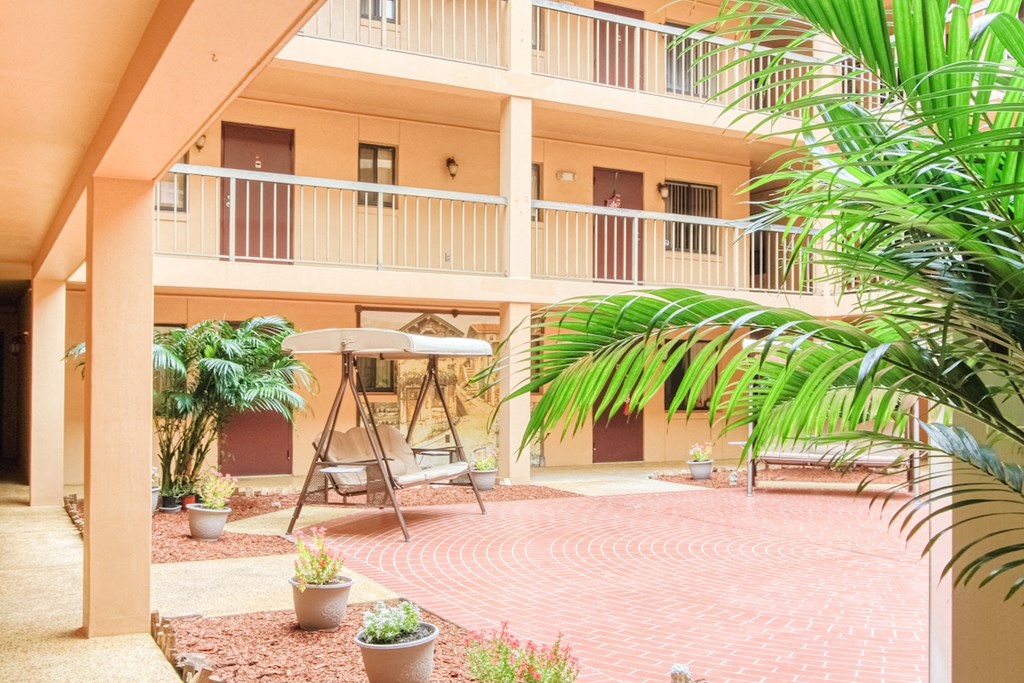 patio with relaxing swings, palms, and potted plants