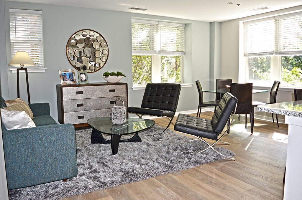 Living room with light wood floors, gray area rug, two chair and coffee table at Residences at Forest Park, Saint Louis, Missouri