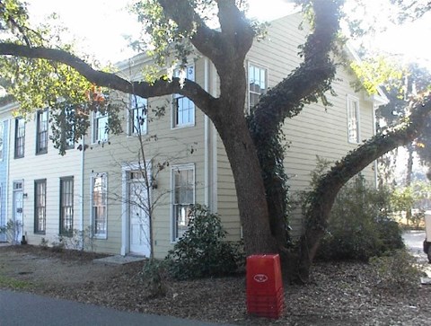 a red trash can sitting under a tree in front of a white house