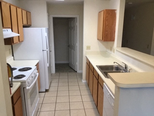 a kitchen with a stove and a sink and a refrigerator