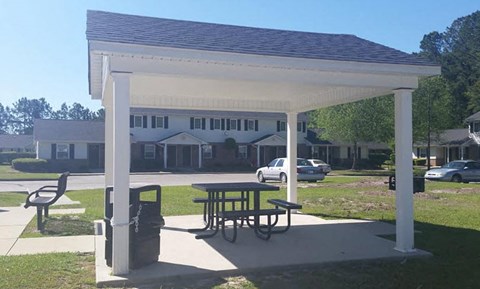 a pavilion with a picnic table and