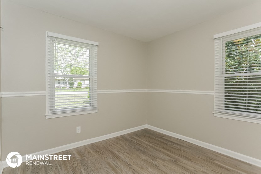 the interior of an empty room with wooden floors and two windows
