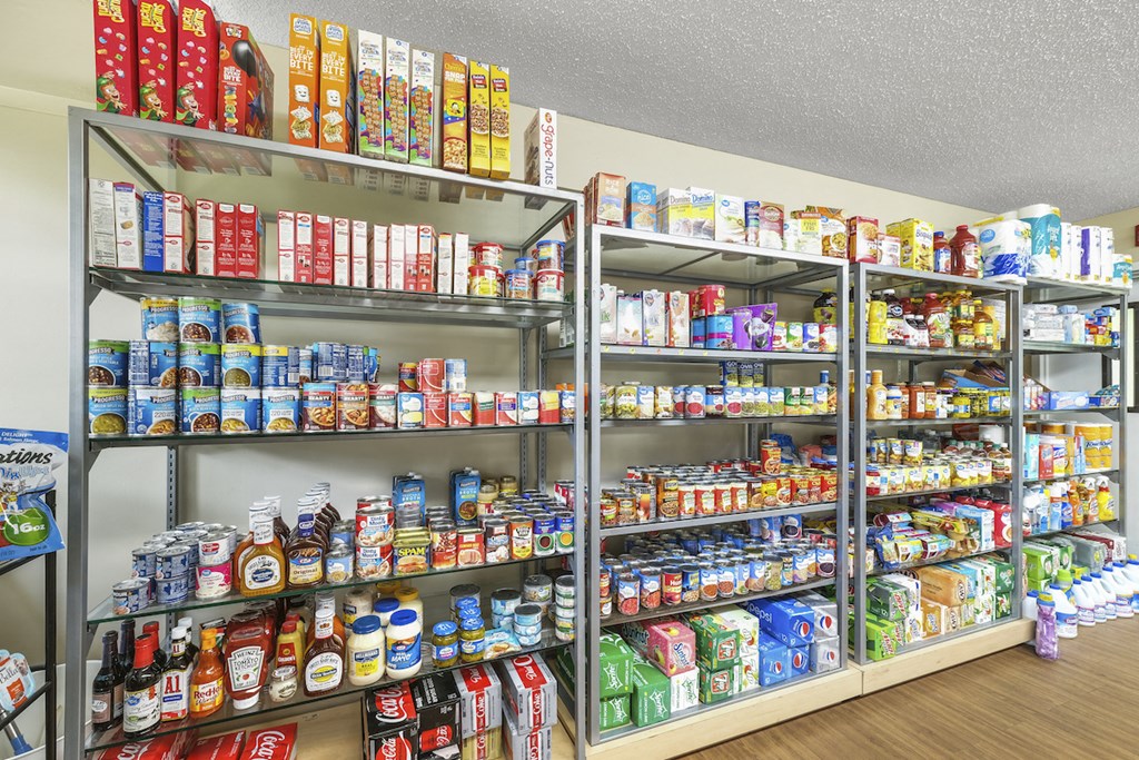 Resident store with shelves of canned and dry goods