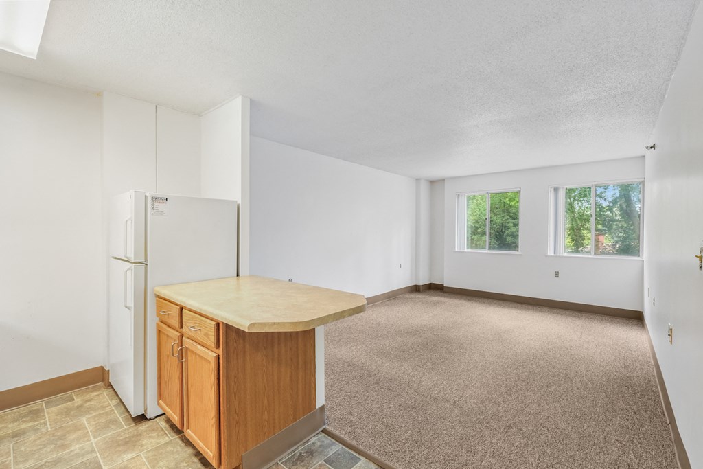 open kitchen and living room with large windows at Sundale Manor Apartments1`