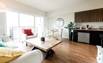 Kent Apartments - The Platform Apartments - Living Room, Dining Room, Kitchen, and Deck