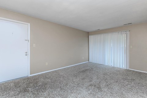 an empty living room with a door to a closet