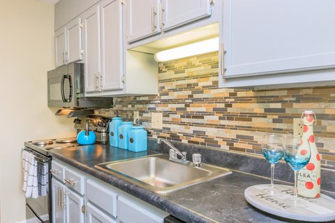 a kitchen with a sink and a counter top