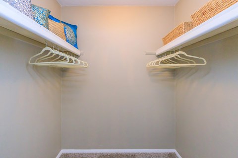 a walk in closet with shelves and shoes on the shelves