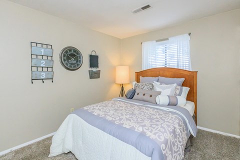 a bedroom with a bed and a window