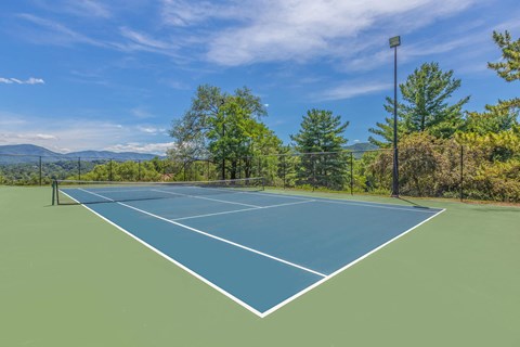 a tennis court with a view of the mountains