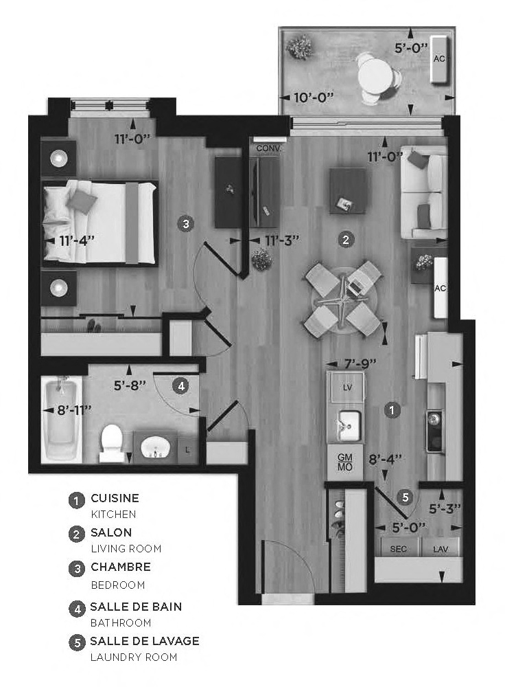 1 bedroom 1 bathroom apartment floor plan at La Voile Pointe-Claire in Pointe Claire, QC